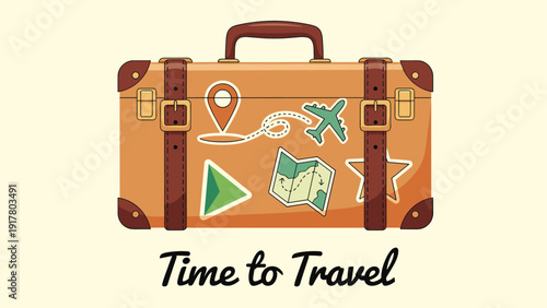 Vintage brown leather suitcase covered with colorful travel stickers of airplanes and maps with the text time to travel.