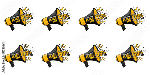 Multiple megaphones with sale label in flash promotion business advertising on white background