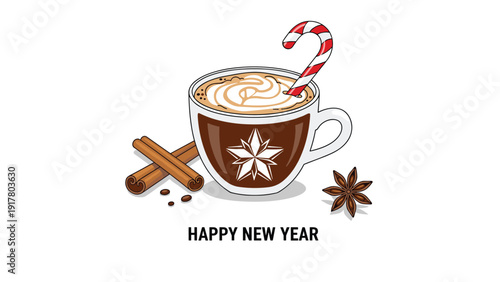 Cup of warm hot chocolate with whipped cream and a candy cane served with cinnamon sticks and star anise spices.