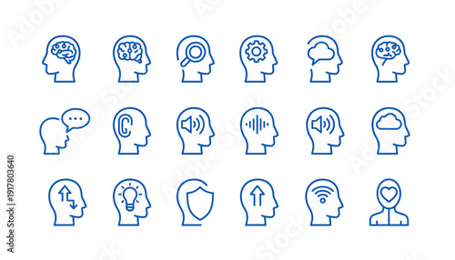 A collection of human head icons with various symbols inside, representing thoughts and ideas in a simple illustration style