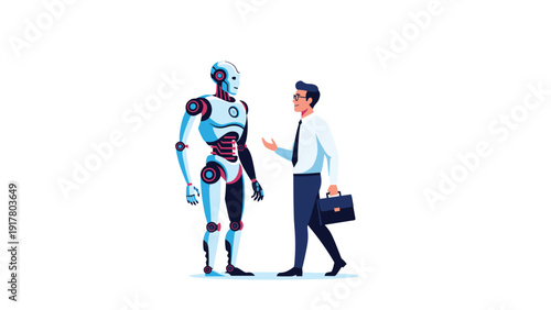 Modern businessman holding a briefcase while standing and talking to a highly advanced white and blue humanoid robot.