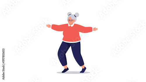 Active elderly woman with grey hair wearing a red sweater and glasses while performing physical exercises or dancing.