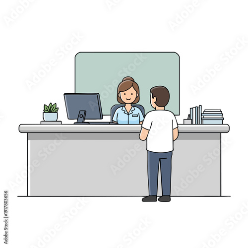 Modern Customer Service Reception Desk with Friendly Employee and Customer Interaction