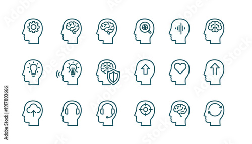 Human heads with various icons symbolizing mental processes and emotions in a simple line art style