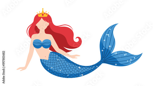 Beautiful mermaid with long red hair and a blue scales tail wearing a golden crown while sitting gracefully.