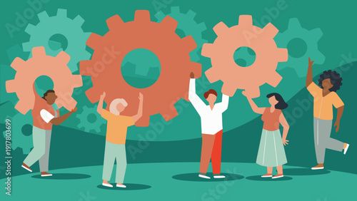 Diverse group of people working together to hold and turn large colorful gears in a vibrant green background teamwork collaboration concept with diversity