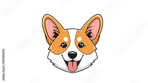 Cute smiling pembroke welsh corgi dog face with happy eyes and tongue out in a colorful cartoon illustration.