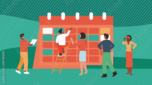 Team of diverse people organizing and planning on a large calendar illustration in a modern office setting with a bold color scheme with organization