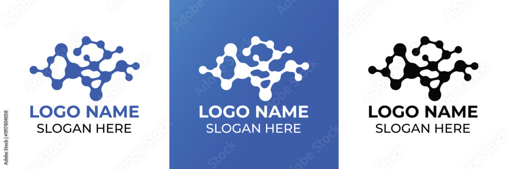 Obraz premium Vector illustration featuring three hexagonal cluster logo concepts in blue and black, each with placeholder text for logo name and slogan.