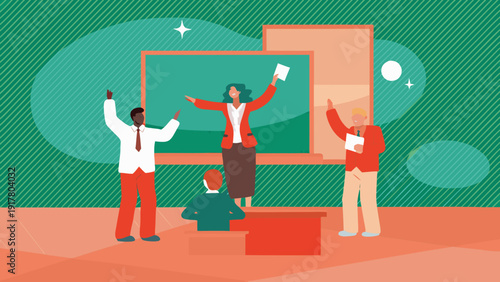 Teachers explaining concepts to students in a classroom setting with a green chalkboard background with education and learning and teaching and explanation