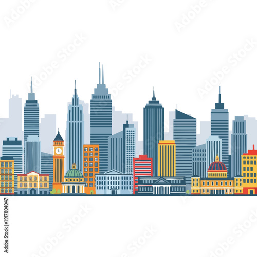 Modern City Skyline with Tall Skyscrapers and Urban Buildings