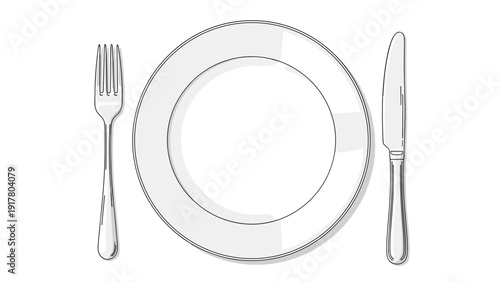 Clean white ceramic plate set with a polished silver fork and knife on a plain background for dining concepts.