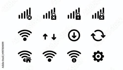 Collection of modern digital icons representing signal strength, security, and connectivity displayed in a grid layout on a plain background