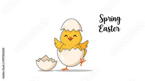 Happy yellow chick character hatching from its white egg shell with spring easter text in a festive illustration.
