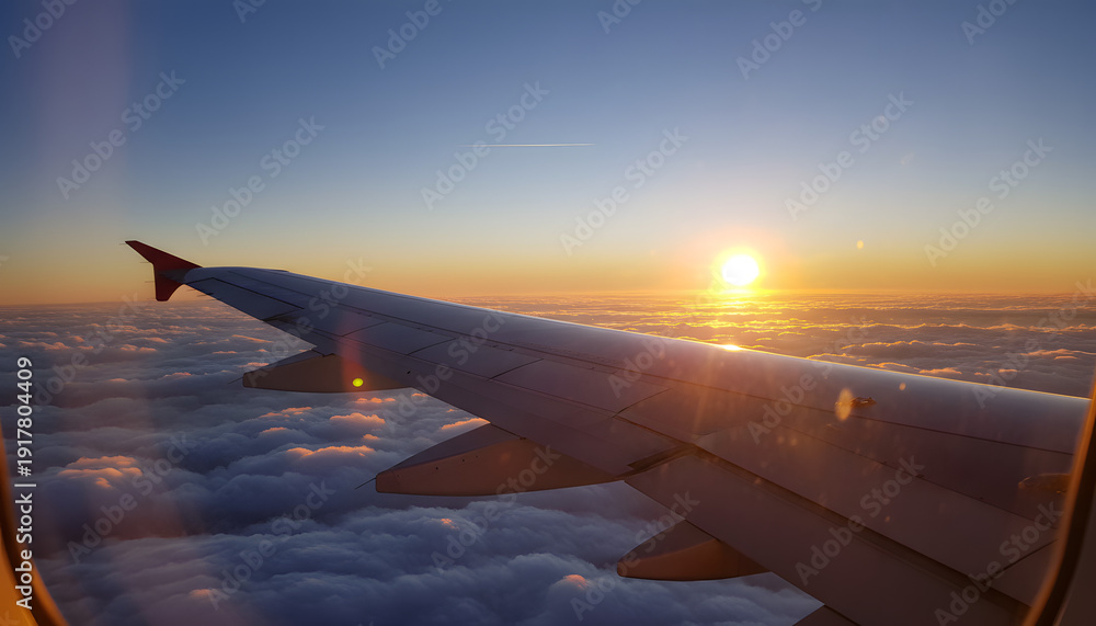 Fototapeta premium Stunning Sunset from Airplane Window with Wing and Clouds
