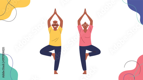 Senior couple practicing tree pose yoga for health and wellness against a white background with colorful abstract shapes.