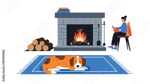 Relaxing home interior scene featuring a person reading by a warm fireplace with a dog lying on a blue rug nearby.