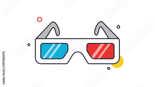 Classic paper 3D glasses for cinema and movie viewing with red and blue lenses in a flat vector illustration style.