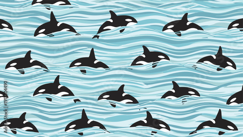 Seamless pattern of black and white orca whales swimming through blue ocean waves in a decorative graphic style.