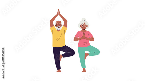 Healthy elderly couple performing tree pose yoga together for balance and wellness on a clean white background.