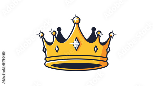 Ornate golden royal crown decorated with sparkling diamonds and pearls on a white background in a flat style.