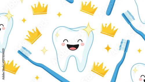 Cheerful dental health pattern featuring happy smiling teeth, blue toothbrushes, and golden crowns with stars.