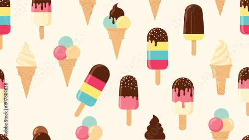 Colorful seamless background pattern with different types of ice cream cones and popsicles for summer decoration.