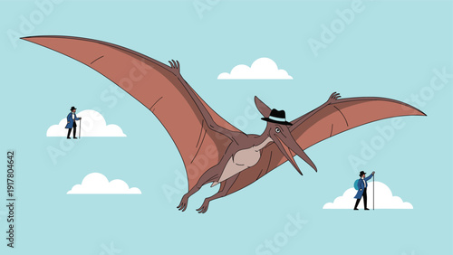 Giant brown pterodactyl dinosaur flying in the sky above tiny explorers on clouds in a surreal adventure scene.