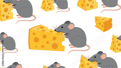 Fun seamless pattern of gray mice nibbling on large pieces of yellow swiss cheese with holes on a white backdrop.