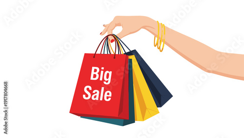 Woman's hand holding several colorful shopping bags with Big Sale text representing retail, consumerism, and shopping.