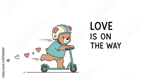 Adorable cartoon bear wearing a safety helmet and riding a kick scooter with floating hearts trailing behind him for a love message.