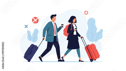 Pair of business travelers in professional suits walking with rolling suitcases and holding coffee cups in a flat vector style.