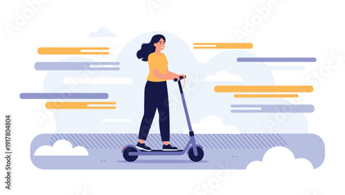 Active young woman riding a purple electric scooter through a stylized landscape with clouds and colorful abstract motion elements.