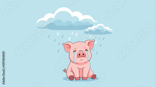 Heartbreaking illustration of a tiny pink piglet sitting alone and crying under a dark rain cloud on a light blue background.