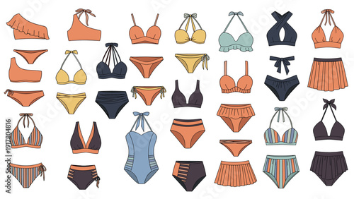 Large assortment of fashionable women's swimwear styles including two-piece bikinis and one-piece suits in various colors and prints.