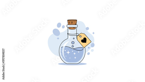 Enchanting blue magic potion in a round glass flask with a heart-shaped label tag surrounded by sparkling bubbles and stardust.