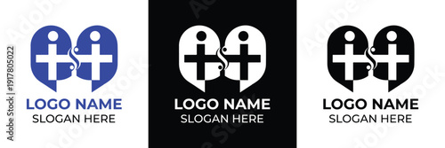 Vector illustration of three minimalist shield logos featuring a cross and gear, in blue, white, and black color schemes with placeholder text.