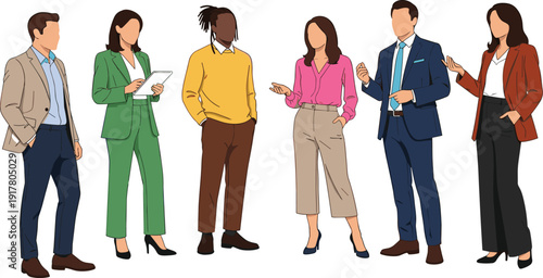 Professional diverse business team flat vector illustration, multicultural corporate colleagues standing together, modern office workers characters for website landing page.