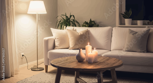 Modern cozy living room with fireplace and stylish furniture