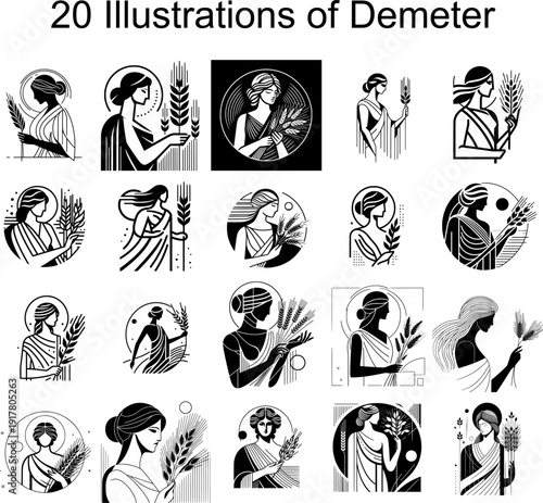 Vector set of 20 Demeter icons featuring wheat, harvest, fertility, and nature symbols. Suitable for mythology education, textbooks, posters, learning apps, games, and cultural design projects.
