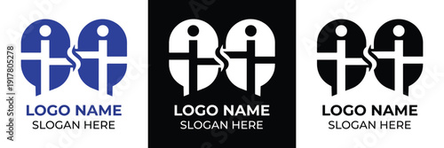 Vector illustration of three minimalist logo concepts featuring interconnected human figures, available in blue, red, and black color schemes with slogan placeholder.