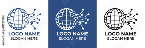 Vector illustration of three logo designs featuring a globe with interconnected nodes, symbolizing global networking, each with a slogan placeholder.