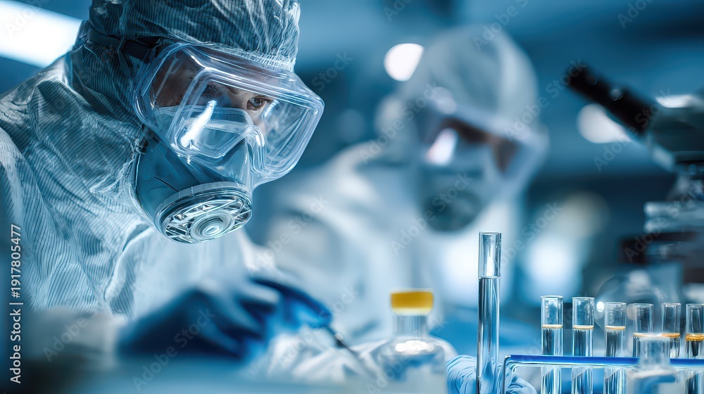 Fototapeta premium Scientists in Protective Gear Conducting Research in Laboratory Setting