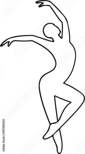 Minimalist Ballet Dancer Silhouette in Graceful Pose, Simple line illustration of a ballet dancer leaping in an elegant pose, symbolizing movement, grace, and performing arts minimal design.