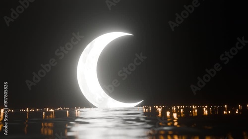 Eid Ramadan Moon Light Reflection on Water with Festival Lamp Loop