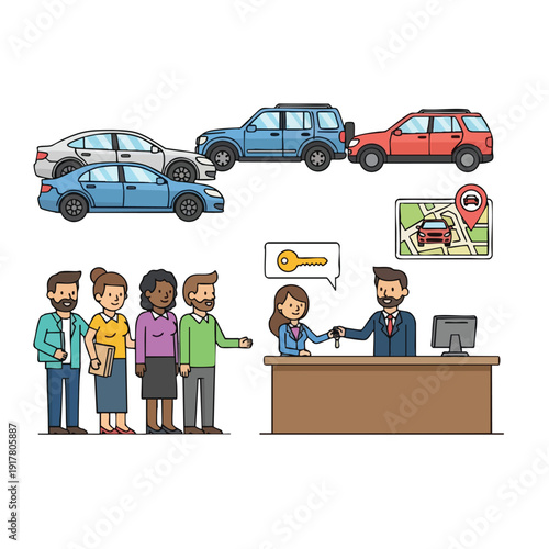 Group of Passengers Waiting at a Transportation Hub with a Reception Desk and Buses