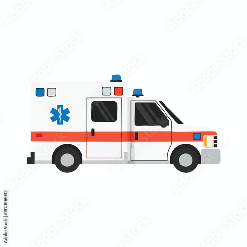 Modern Emergency Medical Vehicle with Blue Light Siren for Patient Transport and Healthcare Services