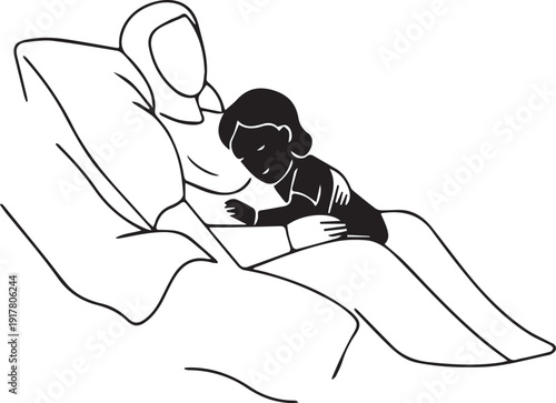 Caregiving illustration with person resting in bed companion leaning emotional support compassion comfort vector design