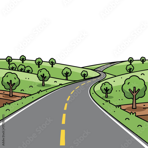 Scenic Rural Road in a Green Countryside with Rolling Hills and Trees