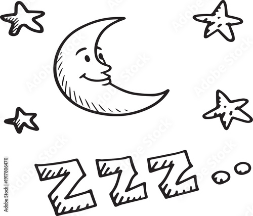 Crescent moon with smiling face stars Z symbols cartoon illustration nighttime sleep dream rest relaxation vector design